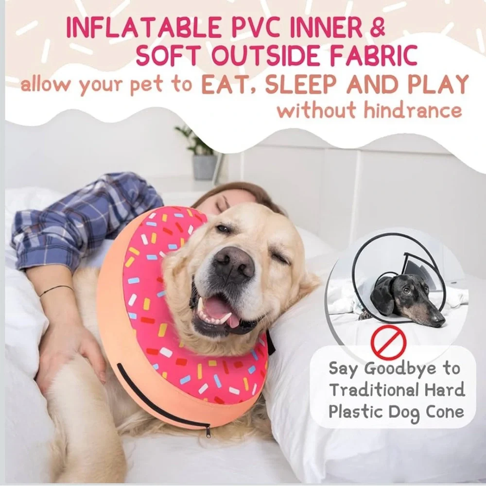 Inflatable Dog Cone Collar Pink Sprinkle Alternative After Surgery Doggie Size L